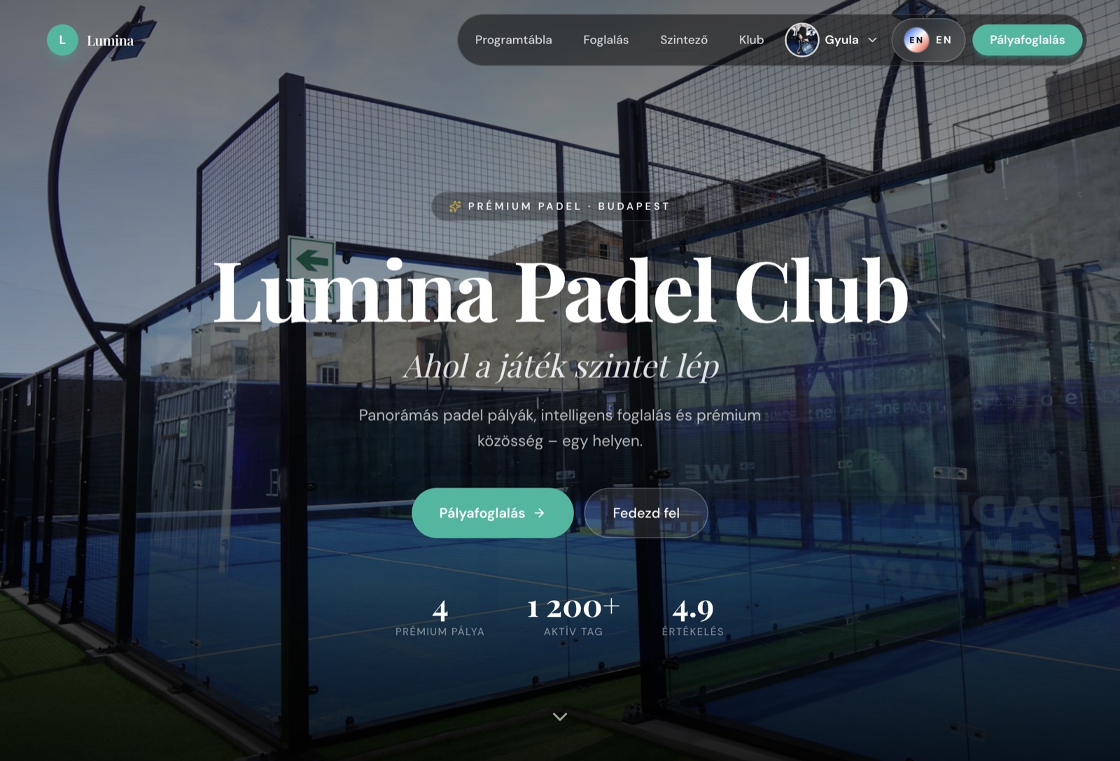 Lumina padel klubplatform főoldal